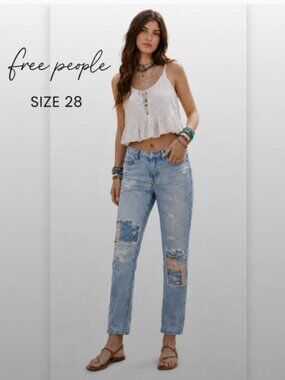 Free People Patchwork Straight Leg Jeans 28